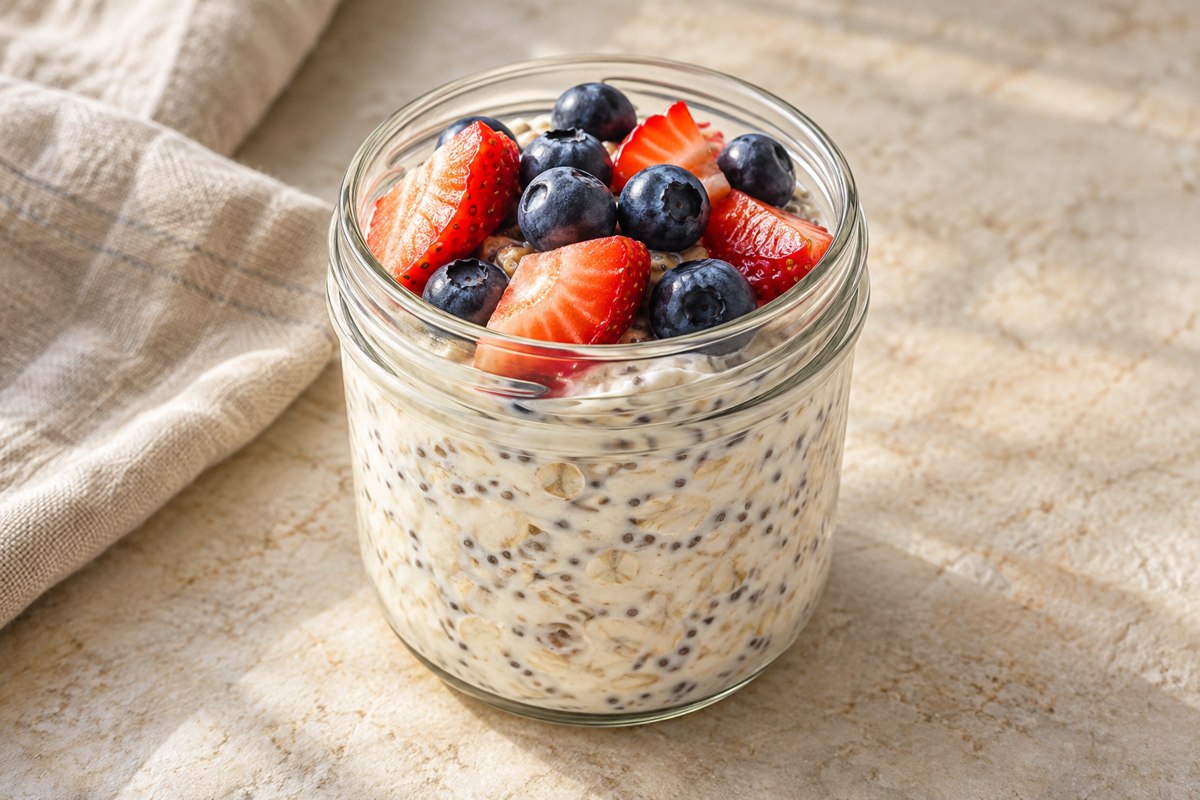 AI-generated serving illustration of Berry Cheesecake Overnight Oats