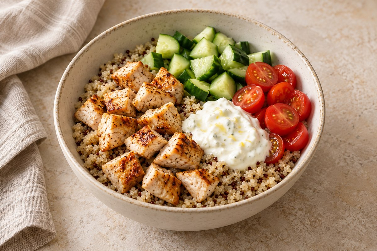 AI-generated serving illustration of Lemon Chicken Quinoa Bowls