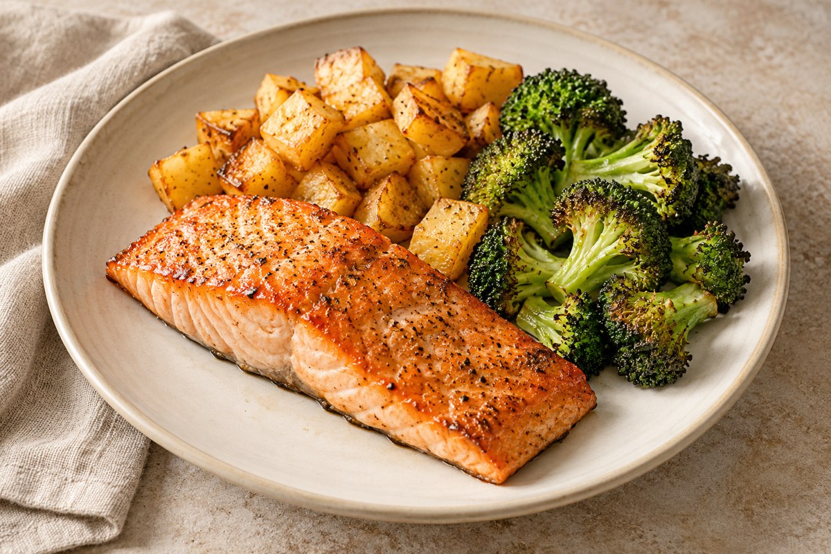 AI-generated serving illustration of Sheet-Pan Salmon, Potatoes & Broccoli