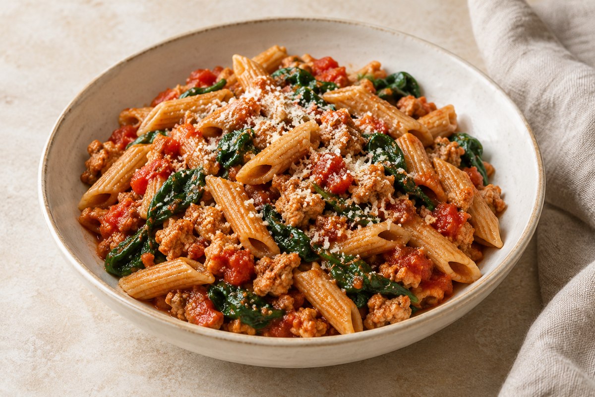 AI-generated serving illustration of Smoky Turkey & Tomato Pasta