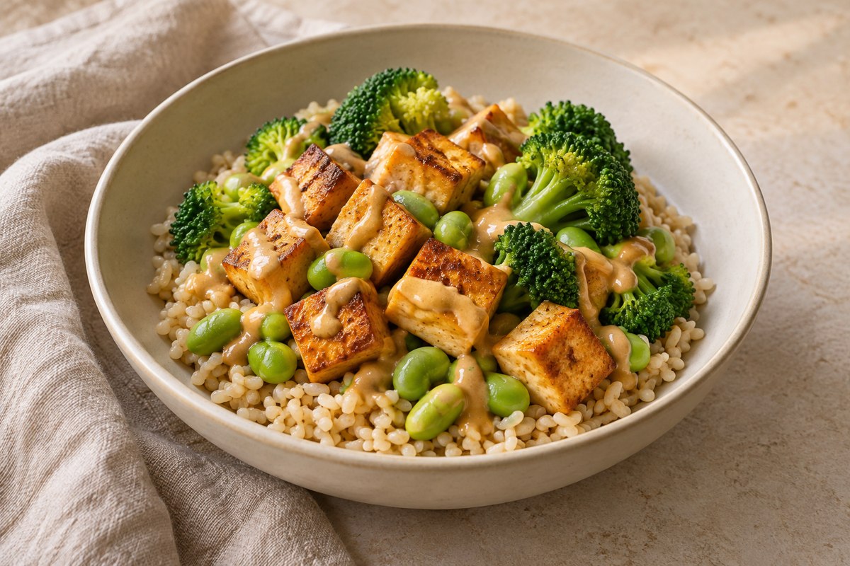 AI-generated serving illustration of Ginger Tofu & Edamame Rice Bowls