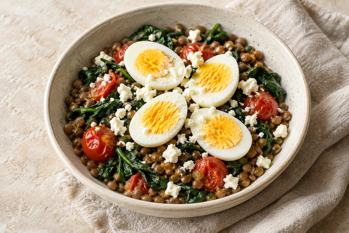 AI-generated serving illustration of Warm Lentil, Egg & Feta Bowls