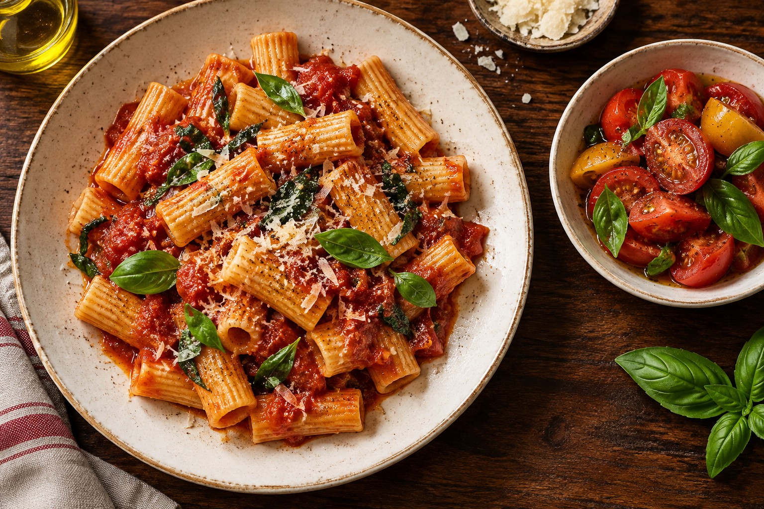 An Italian table with tomato basil rigatoni and a fresh tomato salad