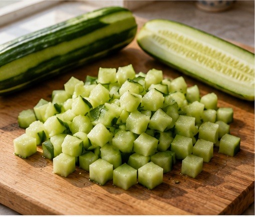 Dice cucumber into small even cubes.