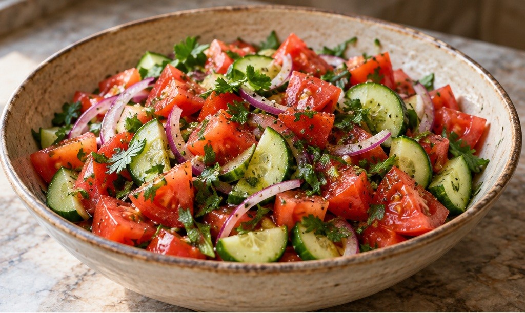 Serving suggestion for Tomato, cucumber and herb salad