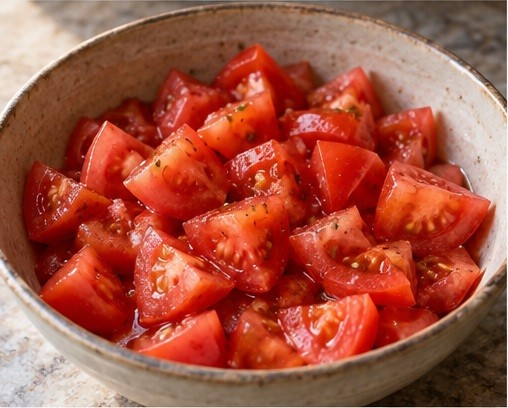 Cut ripe tomatoes into bite-size pieces.