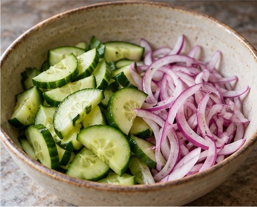 Slice cucumber and red onion.