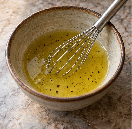 Mix lemon and olive oil dressing.