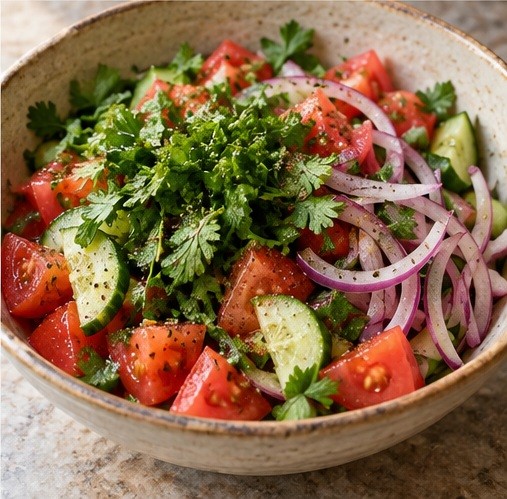 Serve a bright chunky tomato-cucumber herb salad.