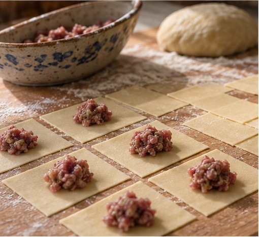 Roll thin dough and portion the meat filling.