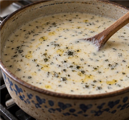 Serve pale yogurt soup with small cooked dumplings.
