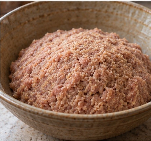 Knead fine bulgur and lean beef into a shell mixture.