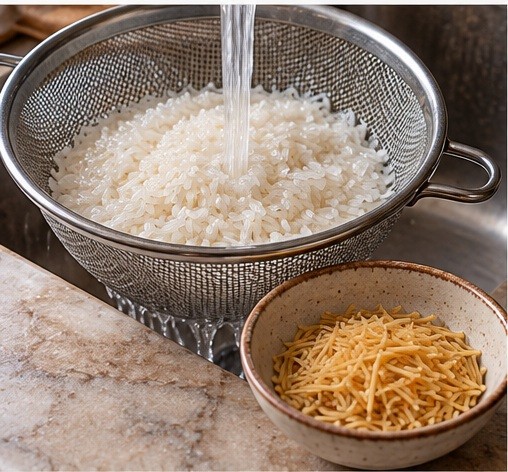 Rinse rice and break vermicelli short.