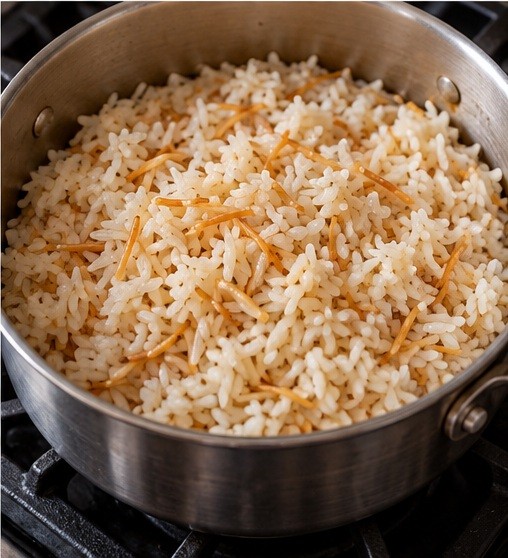 Serve fluffy white rice with golden vermicelli.