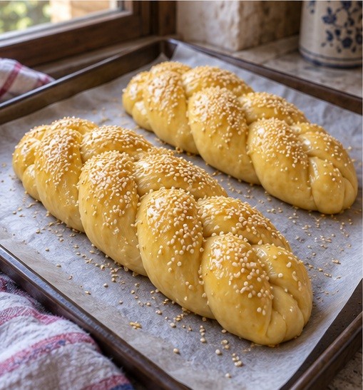 Braid and glaze two loaves with sesame.