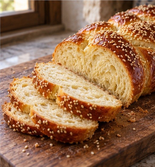 Slice a golden choreg braid to show soft crumb.