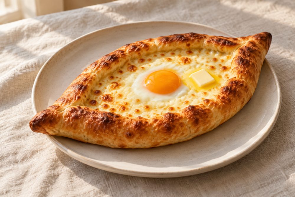Serving suggestion for Adjarian Khachapuri Georgian Cheese Bread