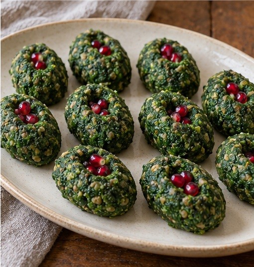 Shape small green ovals and add pomegranate.