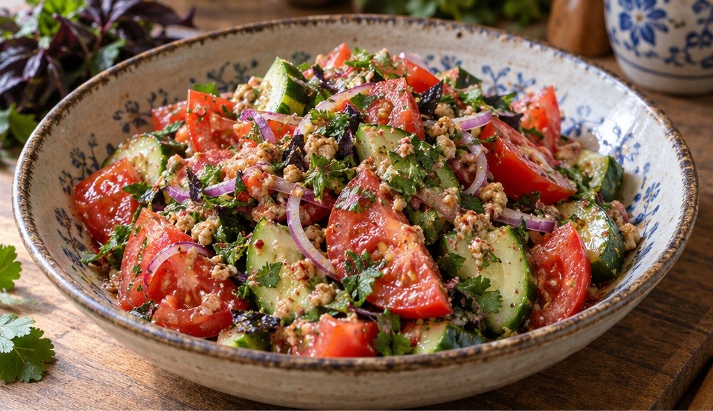 Serving suggestion for Tomato and cucumber salad with walnuts