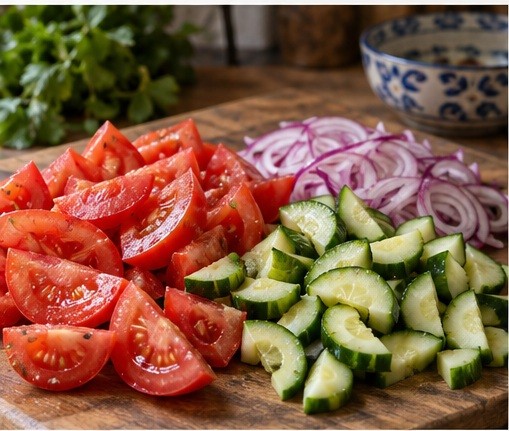 Cut tomatoes into wedges and cucumbers into half-moons.