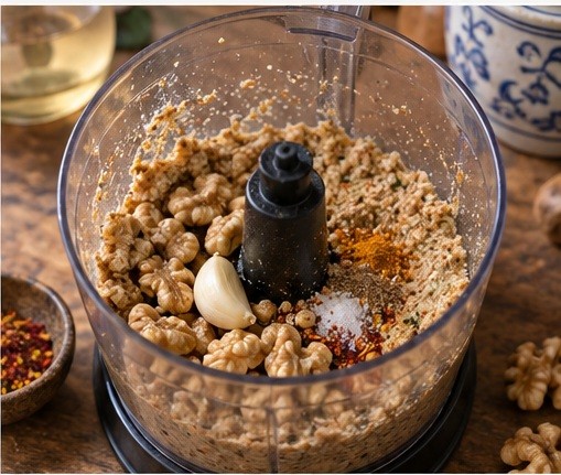 Grind walnuts with garlic and spices.