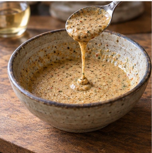 Stir in vinegar and water to make a thick dressing.