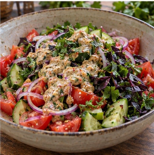 Fold dressing and herbs through the fresh vegetables.