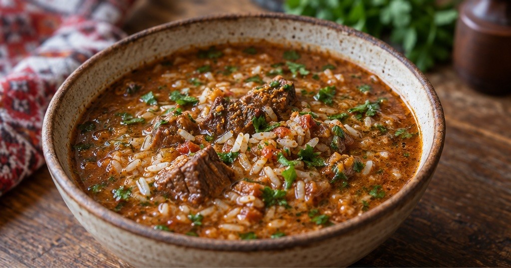 Serving suggestion for Beef kharcho with rice and sour plum