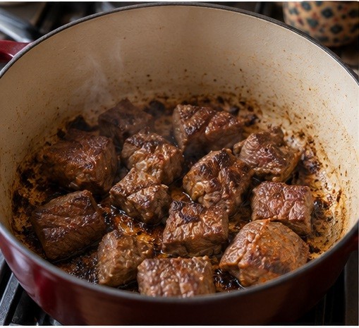 Brown evenly cut beef cubes in a heavy pot.