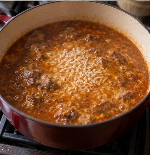 Add rinsed white rice to the broth.