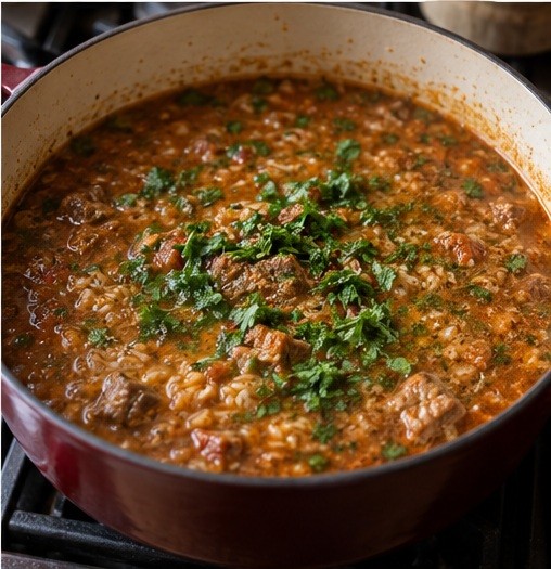 Finish the reddish-brown soup with walnuts and herbs.