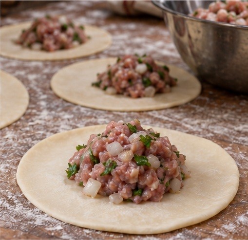 Roll thin individual circles and add cold meat filling.