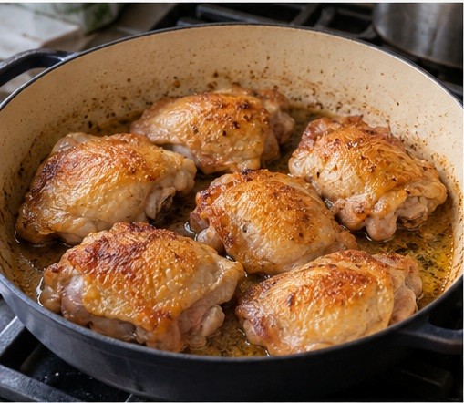 Faire dorer les cuisses de poulet côté peau vers le bas dans une large poêle.