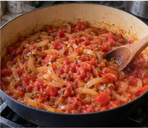 Ramollir les oignons émincés et ajouter les tomates hachées.