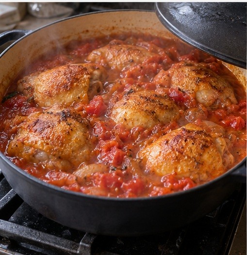 Couvrir et laisser mijoter doucement le poulet dans la sauce rouge.