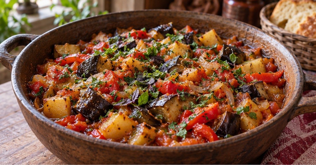 Serving suggestion for Ajapsandali: eggplant and vegetable stew