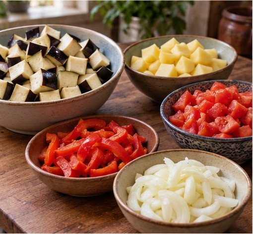 Cut eggplant, potatoes, pepper and tomatoes evenly.