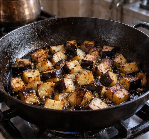 Brown eggplant cubes in batches.