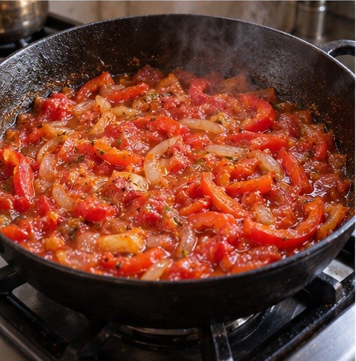 Simmer softened peppers and onions with tomatoes.