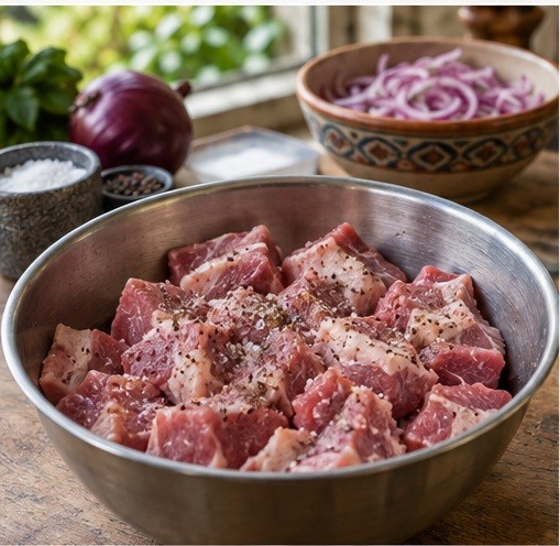 Cut pork into even cubes and season.