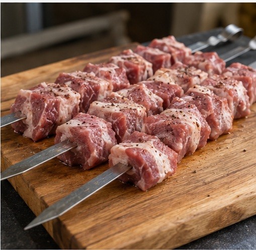 Thread cubes onto flat metal skewers.
