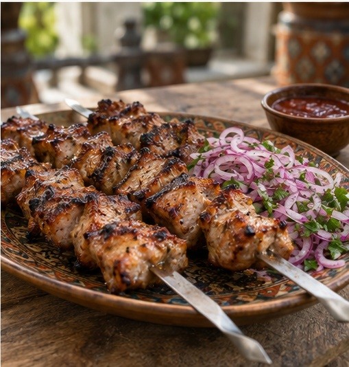 Rest cooked skewers and serve with dressed red onion.
