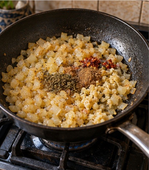 Cook diced onion with garlic and spices.