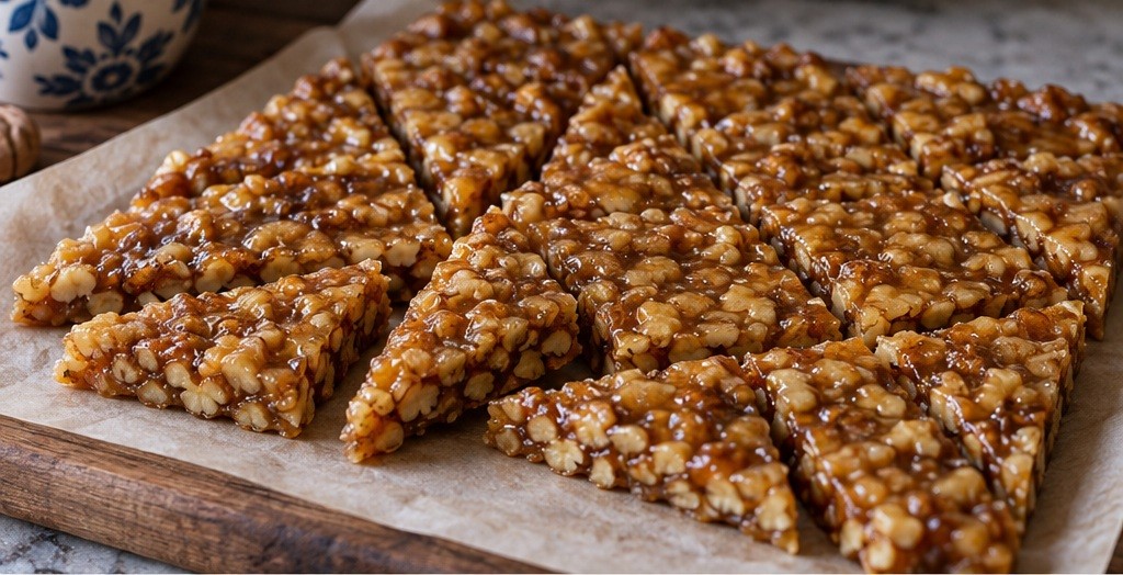 Serving suggestion for Gozinaki: honey and walnut diamonds