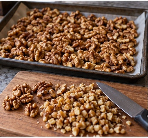 Toast walnuts lightly, then cut into small flat pieces.