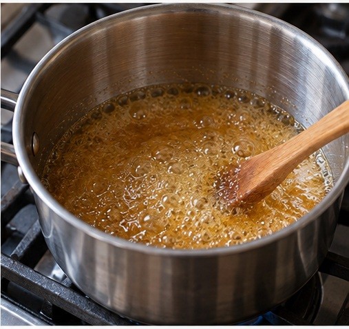 Heat honey and sugar in a heavy saucepan.