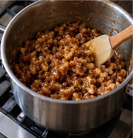 Fold walnuts into thick honey syrup.