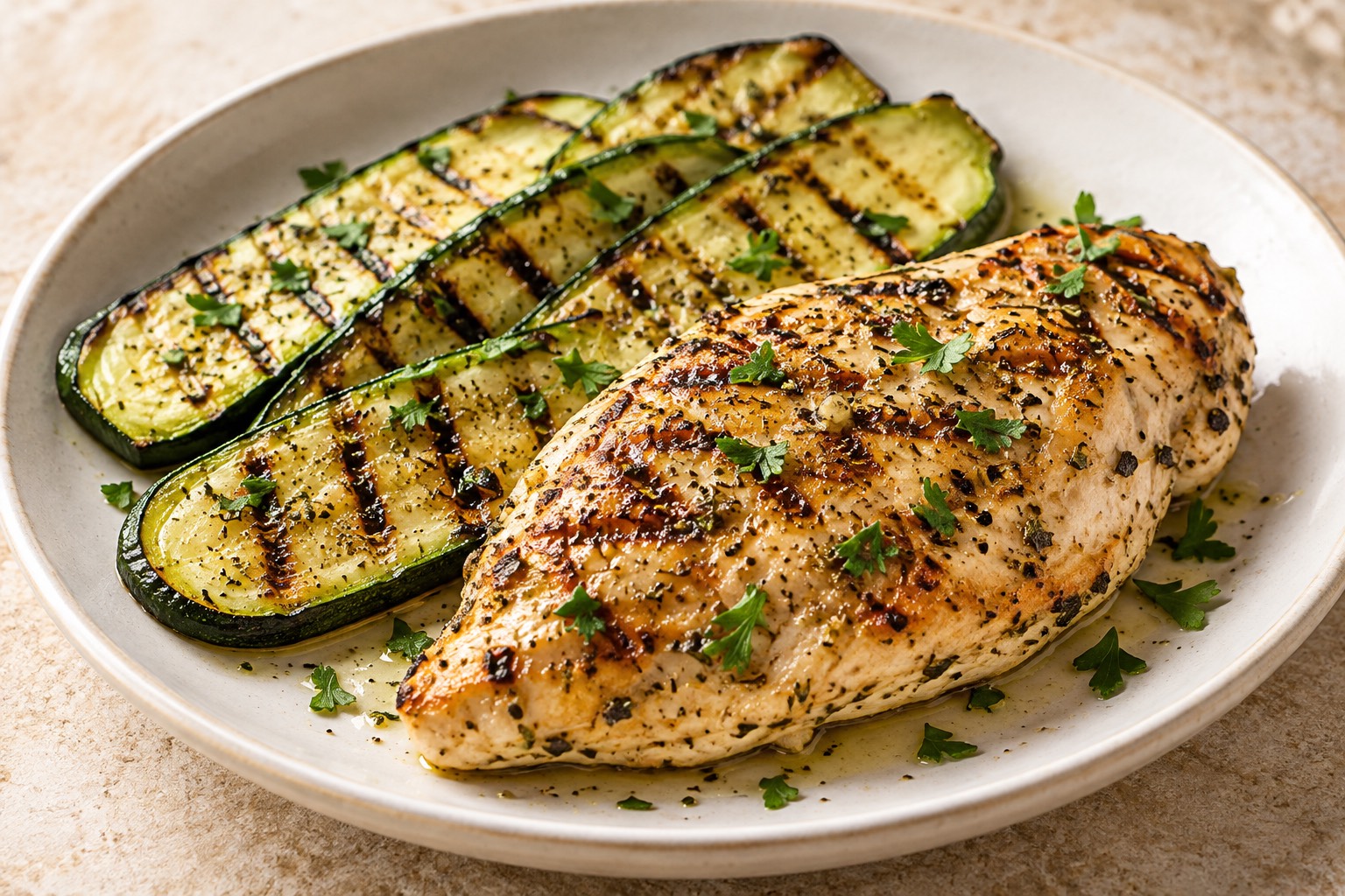 Serving suggestion for Grilled Lemon Oregano Chicken with Zucchini