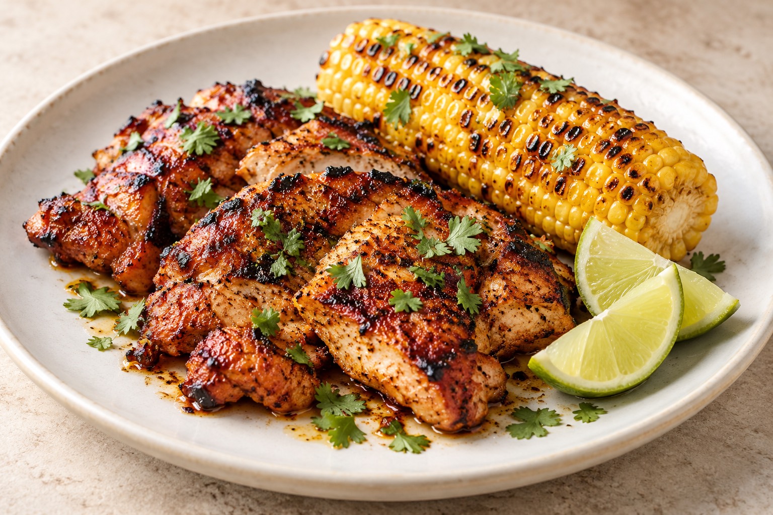 Serving suggestion for Grilled Smoky Paprika Chicken Thighs with Corn