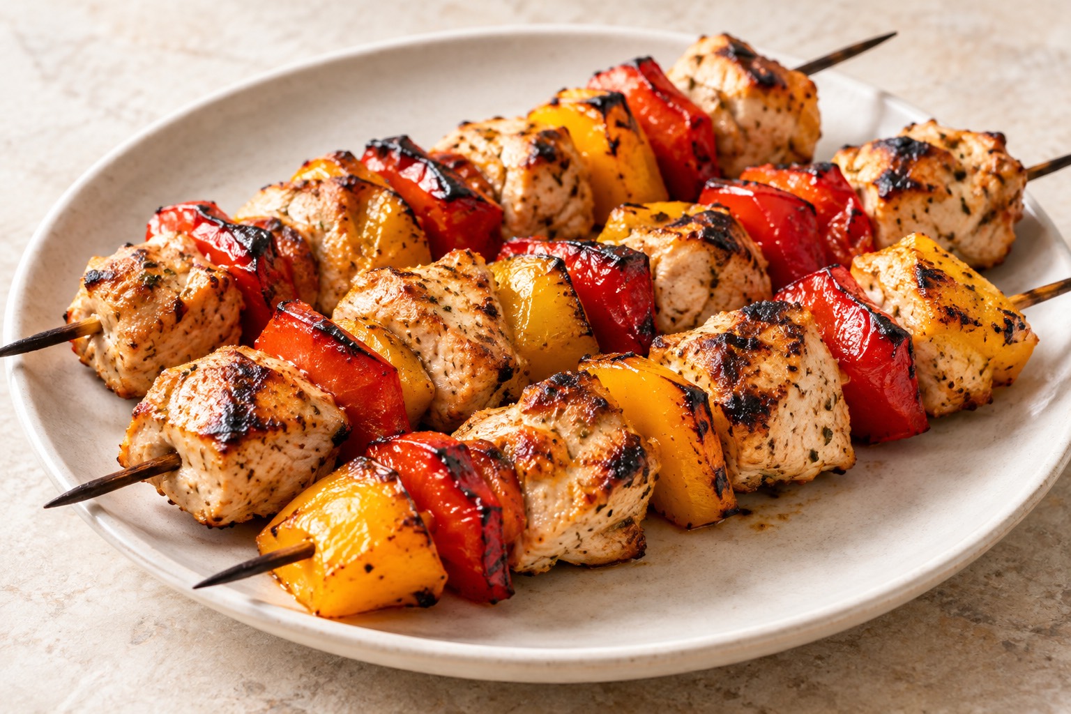 Serving suggestion for Grilled Yogurt Chicken Skewers with Peppers